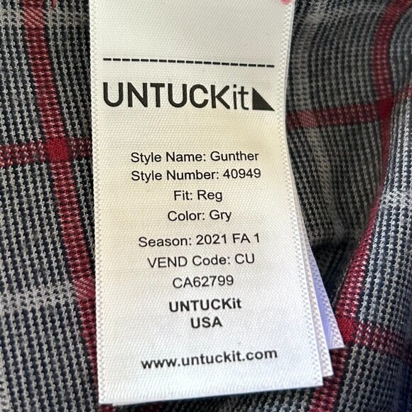 Untuckit Shirt Men's‎ Medium Gray-Red Plaid Long Sleeve Poly Blend Button Up - Picture 8 of 10